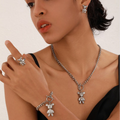 Stainless Steel Bear Robot Necklace Earrings Bracelet Ring Fashionable Four-piece Jewelry Set