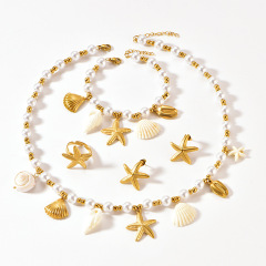 Stainless Steel Set Fashionable Seastar Shell String Bead Necklace Women's Bracelet Earrings Ring Set