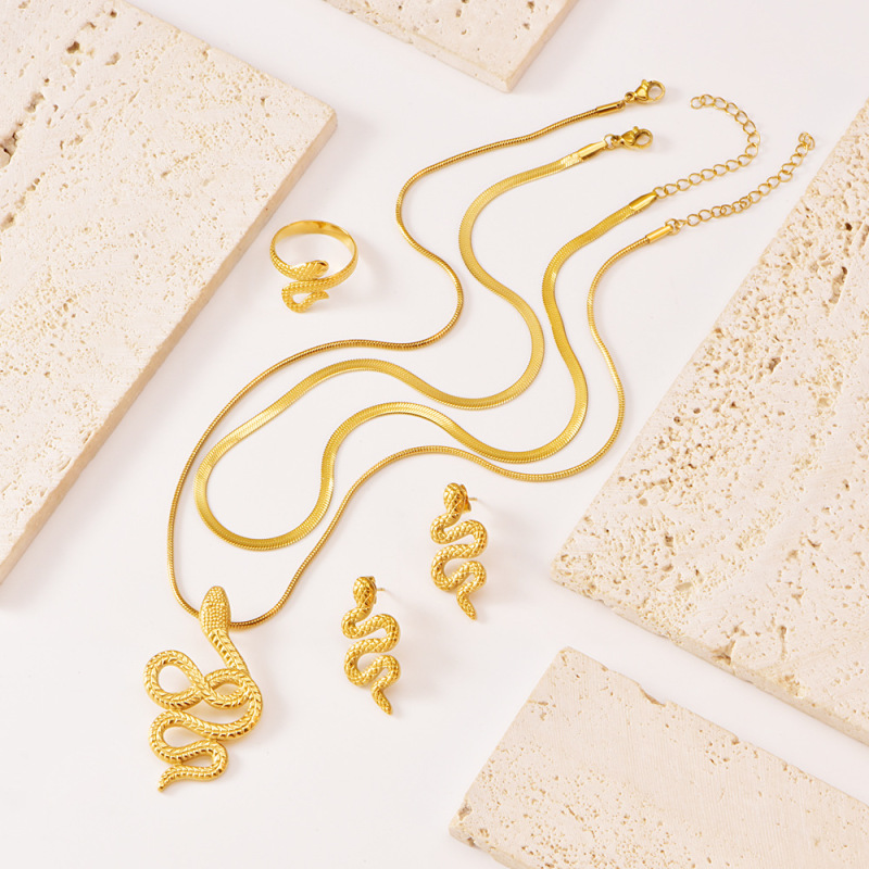 New Accessories Geometric Vintage Necklace Earrings Women's Gold Plated Snake 3pcs Jewelry Set