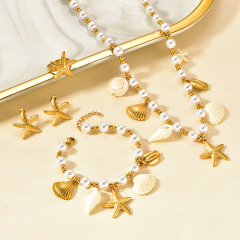 Stainless Steel Set Fashionable Seastar Shell String Bead Necklace Women's Bracelet Earrings Ring Set