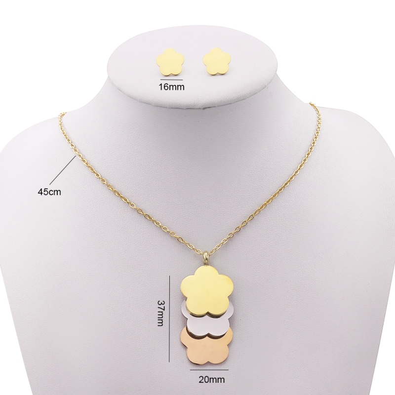 Fashion Stainless Steel Flower Jewelry Earrings Necklace Oval Chain for Woman Jewelry Set