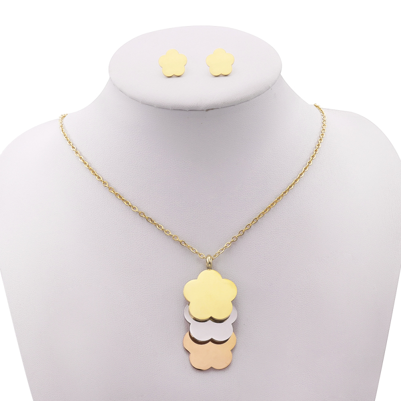 Fashion Stainless Steel Flower Jewelry Earrings Necklace Oval Chain for Woman Jewelry Set
