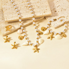 Stainless Steel Set Fashionable Seastar Shell String Bead Necklace Women's Bracelet Earrings Ring Set