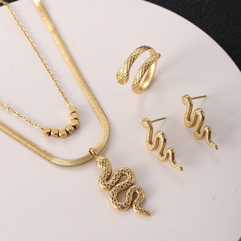 New Accessories Geometric Vintage Necklace Earrings Women's Gold Plated Snake 3pcs Jewelry Set