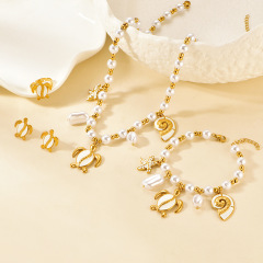 Stainless Steel Set Fashionable Sea Turtle Sea Screw Pearl Beaded Necklace Bracelet Earrings Ring 4pcs Jewelry Set