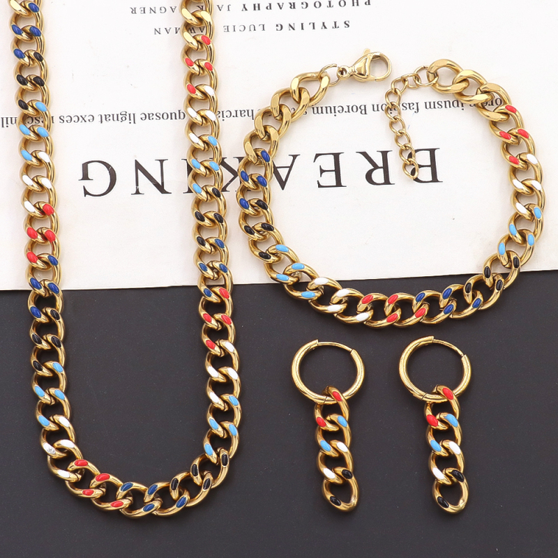 Joyas Inspiradas Dripping Oil Cuba Link Chain Luxury Jewelry Colorful Stainless Steel Bracelets Earrings Necklace Set for Women