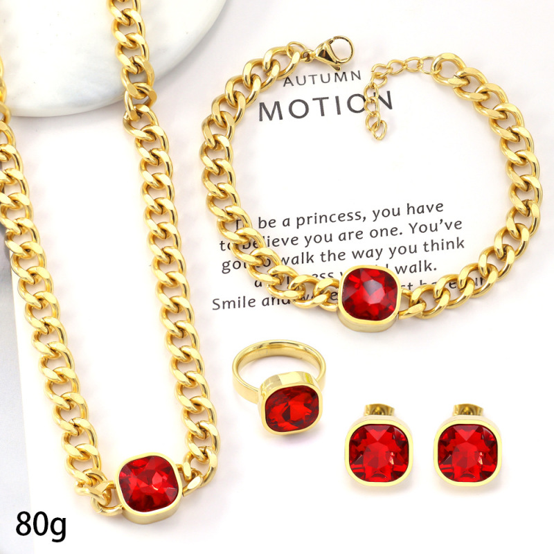 Wholesale Fashion White Black  Red Zircon  4Pcs Set Stainless Steel Cuban Link Chain Rhinestone Women Jewelry Sets