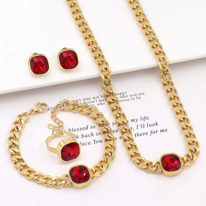 Wholesale Fashion White Black  Red Zircon  4Pcs Set Stainless Steel Cuban Link Chain Rhinestone Women Jewelry Sets