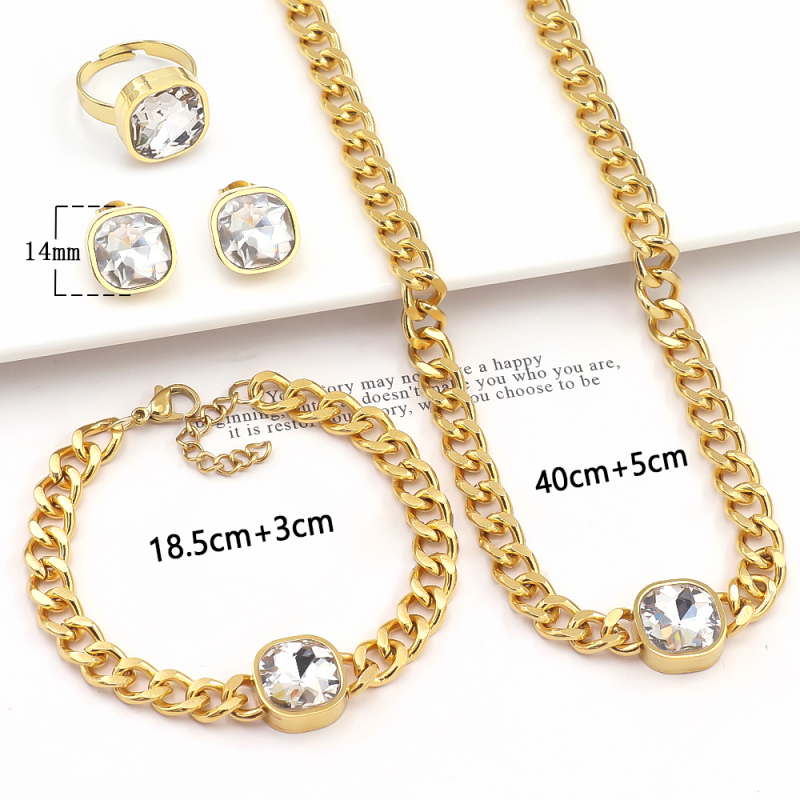 Wholesale Fashion White Black  Red Zircon  4Pcs Set Stainless Steel Cuban Link Chain Rhinestone Women Jewelry Sets