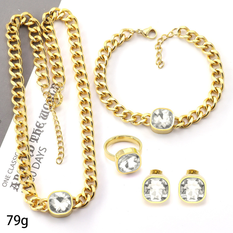 Wholesale Fashion White Black  Red Zircon  4Pcs Set Stainless Steel Cuban Link Chain Rhinestone Women Jewelry Sets