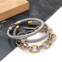 Women's 3-Piece Stainless Steel Wire Cable Open Hook Cuff Bangle Bracelet Combination Set, Unisex Fashion Costume Jewelry, Ideal for Daily Wear