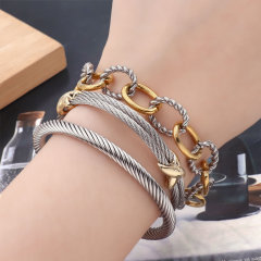 Women's 3-Piece Stainless Steel Wire Cable Open Hook Cuff Bangle Bracelet Combination Set, Unisex Fashion Costume Jewelry, Ideal for Daily Wear