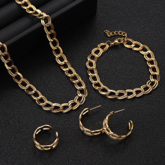 Hip-hop Style West Coast Rock Double Chain Simple Design Bracelet Necklace Earrings Ring Set