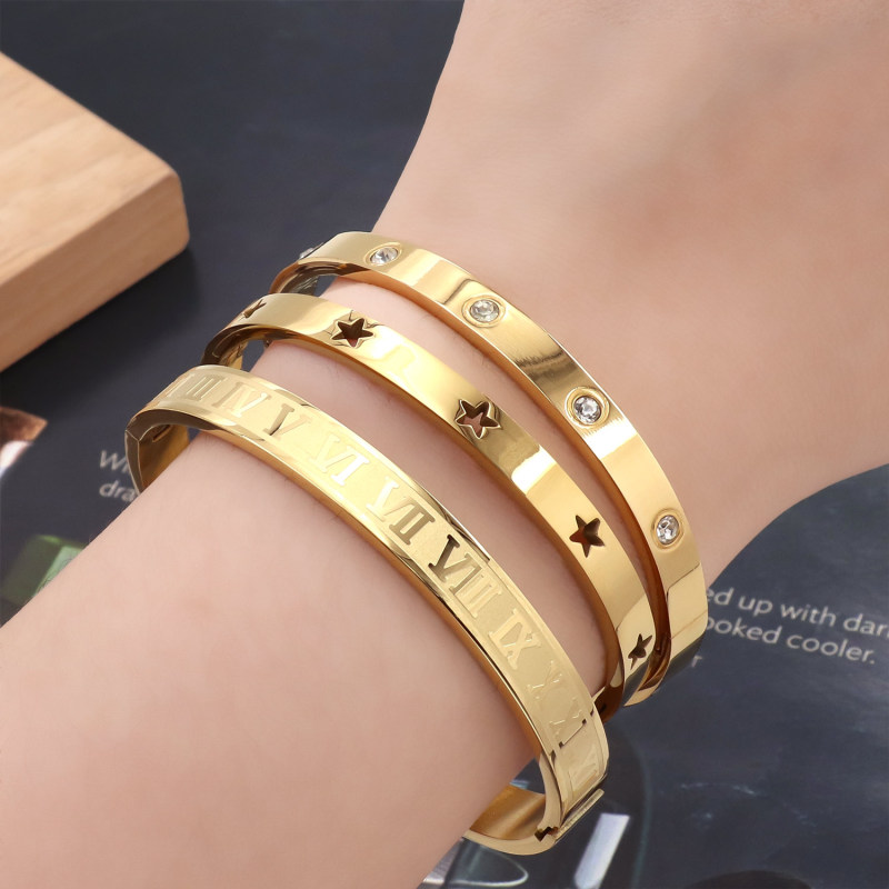3pcs  Luxury Stainless Steel 18K Gold Plated Bracelet Waterproof Design Roman Numeral Inlaid Zirconia Bangle Gift