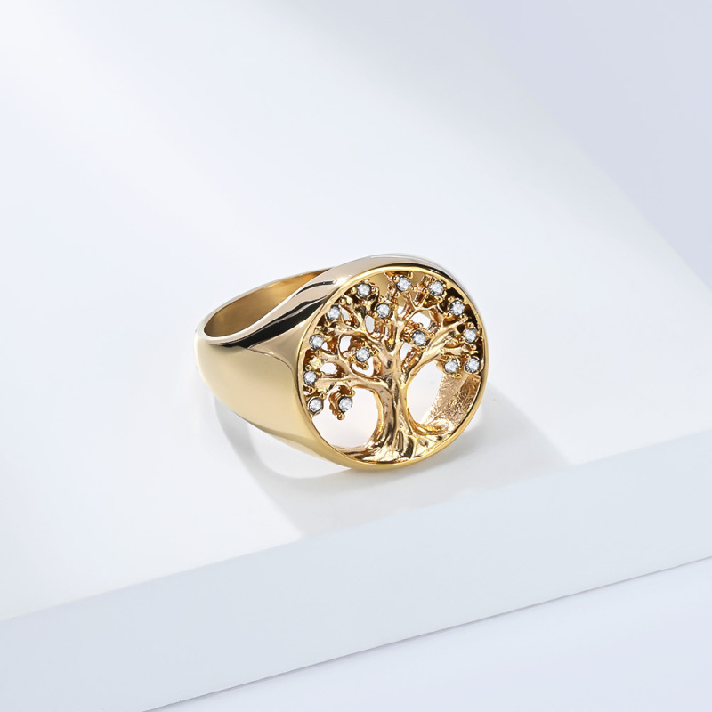 18mm Personalized Family Jewelry Inlaid Zircon Waterproof Jewelry Custom Gold Plated Round Hollow Tree of Life Rings