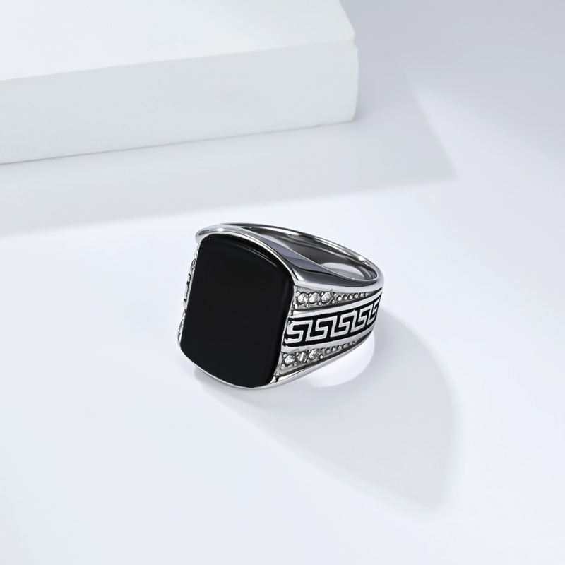 20mm Retro Great Wall Pattern Black Gemstone Stainless Steel Ring Men's Personalized Fashion Ring Wholesale