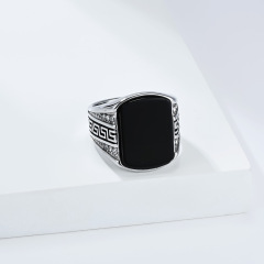 20mm Retro Great Wall Pattern Black Gemstone Stainless Steel Ring Men's Personalized Fashion Ring Wholesale