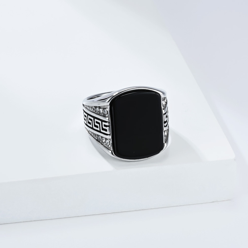 20mm Retro Great Wall Pattern Black Gemstone Stainless Steel Ring Men's Personalized Fashion Ring Wholesale