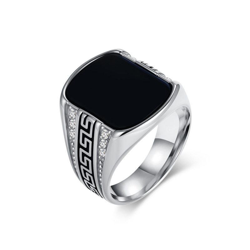 20mm Retro Great Wall Pattern Black Gemstone Stainless Steel Ring Men's Personalized Fashion Ring Wholesale