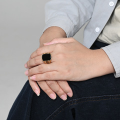 20mm Retro Great Wall Pattern Black Gemstone Stainless Steel Ring Men's Personalized Fashion Ring Wholesale