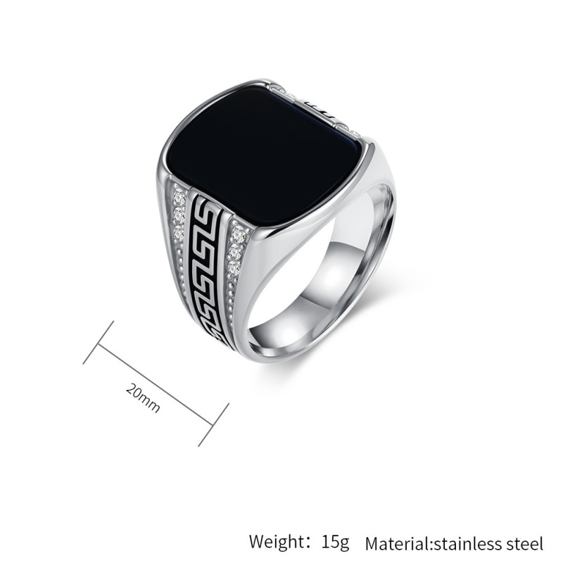 20mm Retro Great Wall Pattern Black Gemstone Stainless Steel Ring Men's Personalized Fashion Ring Wholesale