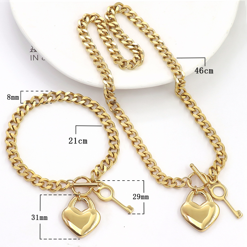 Mens Chain Gold Tone Double Curb Cuban Link Rombo Boys 316L Stainless Steel Key Heart Necklace Bracelet