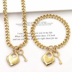 Mens Chain Gold Tone Double Curb Cuban Link Rombo Boys 316L Stainless Steel Key Heart Necklace Bracelet