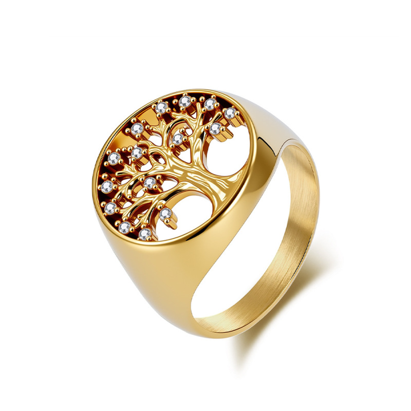18mm Personalized Family Jewelry Inlaid Zircon Waterproof Jewelry Custom Gold Plated Round Hollow Tree of Life Rings