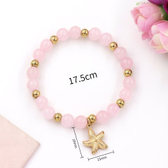 Luxury Bohemian Style  Pink Stone Bead Bracelet Starfish Pendant Charm Elastic Fashion Beaded Bracelet