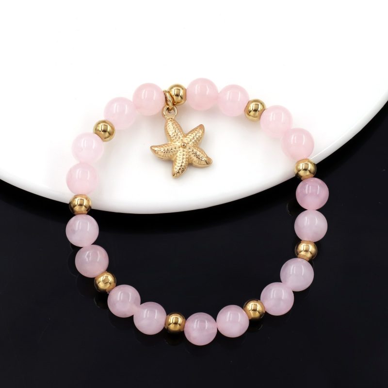 Luxury Bohemian Style  Pink Stone Bead Bracelet Starfish Pendant Charm Elastic Fashion Beaded Bracelet