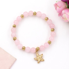 Luxury Bohemian Style  Pink Stone Bead Bracelet Starfish Pendant Charm Elastic Fashion Beaded Bracelet