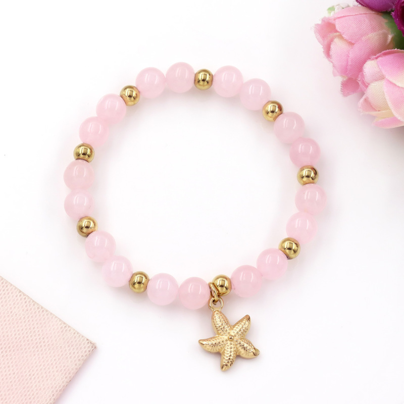 Luxury Bohemian Style  Pink Stone Bead Bracelet Starfish Pendant Charm Elastic Fashion Beaded Bracelet