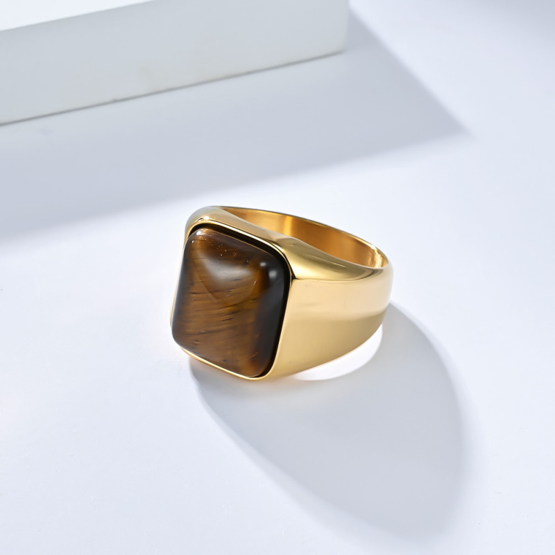 17mm Brown Natural Gemstone Square Tiger Eye 18K Gold Plated Geometric Inlay Stainless Steel Unisex Ring Personality Fashion