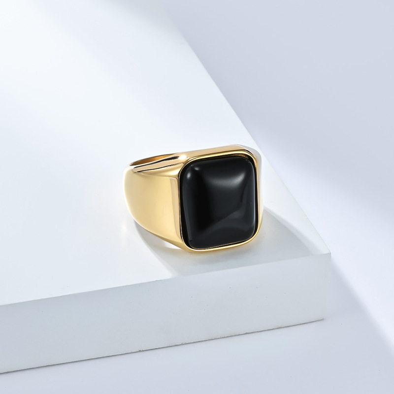 17mm Black Natural Gemstone Square Tiger Eye 18K Gold Plated Geometric Inlay Stainless Steel Unisex Ring Personality Fashion