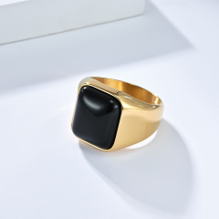 17mm Black Natural Gemstone Square Tiger Eye 18K Gold Plated Geometric Inlay Stainless Steel Unisex Ring Personality Fashion