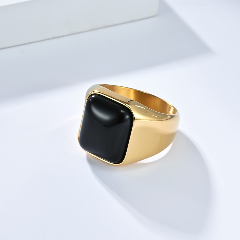 17mm Black Natural Gemstone Square Tiger Eye 18K Gold Plated Geometric Inlay Stainless Steel Unisex Ring Personality Fashion