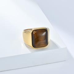 17mm Brown Natural Gemstone Square Tiger Eye 18K Gold Plated Geometric Inlay Stainless Steel Unisex Ring Personality Fashion