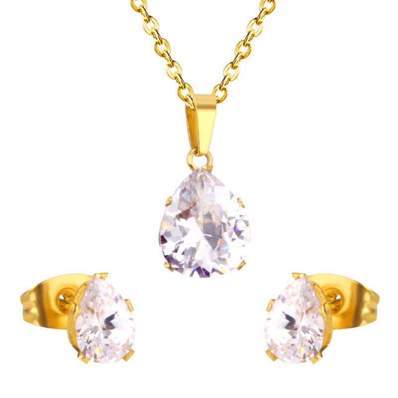 Women Wedding Jewellery Six-claw Round Diamond Necklace+Earring Stainless Steel AAA Cubic Zirconia Birth Stones Jewelry Set