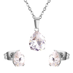 Women Wedding Jewellery Six-claw Round Diamond Necklace+Earring Stainless Steel AAA Cubic Zirconia Birth Stones Jewelry Set