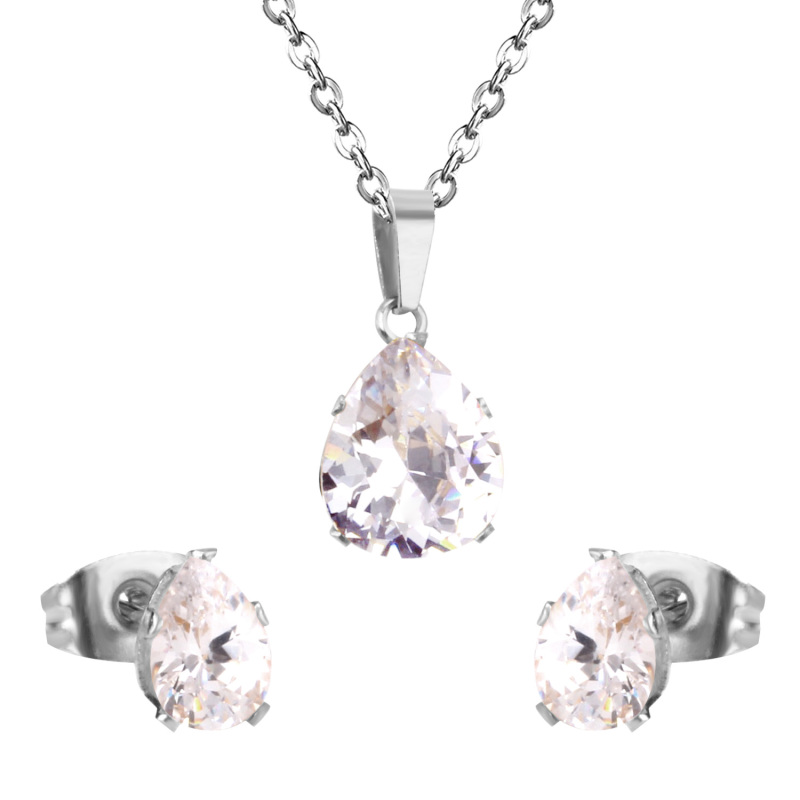Women Wedding Jewellery Six-claw Round Diamond Necklace+Earring Stainless Steel AAA Cubic Zirconia Birth Stones Jewelry Set