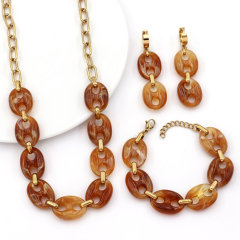Colorful Resin & Gold Pig Nose Link Necklace, Multicolor Marbled Acrylic Chain Choker, Retro Statement Jewelry Set