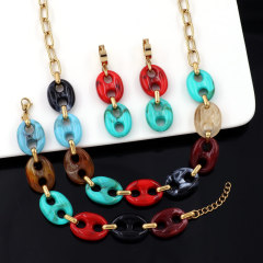 Colorful Resin & Gold Pig Nose Link Necklace, Multicolor Marbled Acrylic Chain Choker, Retro Statement Jewelry Set