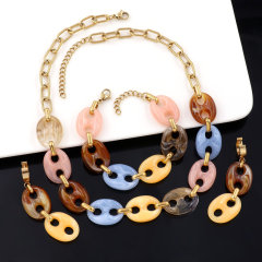 Colorful Resin & Gold Pig Nose Link Necklace, Multicolor Marbled Acrylic Chain Choker, Retro Statement Jewelry Set
