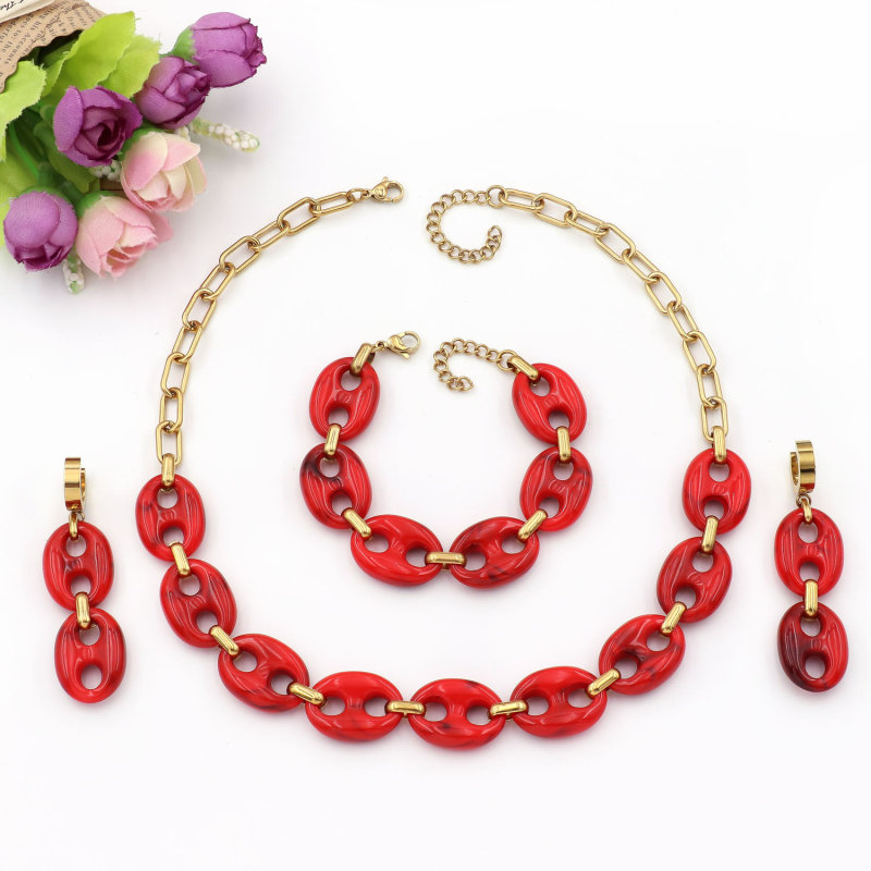 Colorful Resin & Gold Pig Nose Link Necklace, Multicolor Marbled Acrylic Chain Choker, Retro Statement Jewelry Set