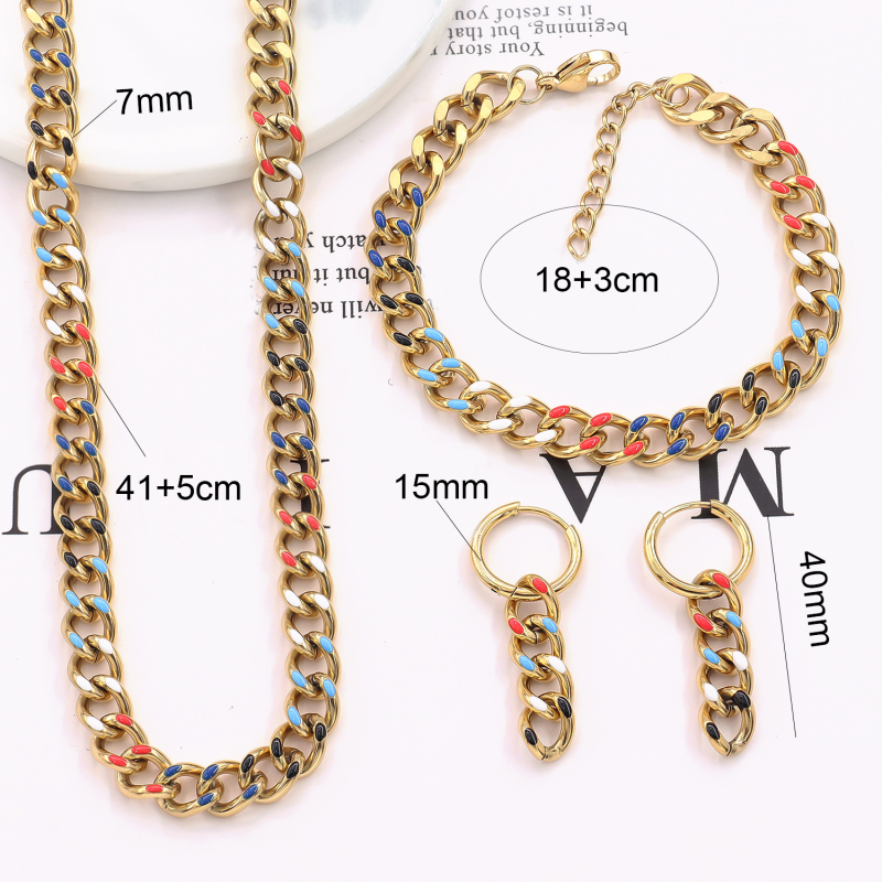 Joyas Inspiradas Dripping Oil Cuba Link Chain Luxury Jewelry Colorful Stainless Steel Bracelets Earrings Necklace Set for Women