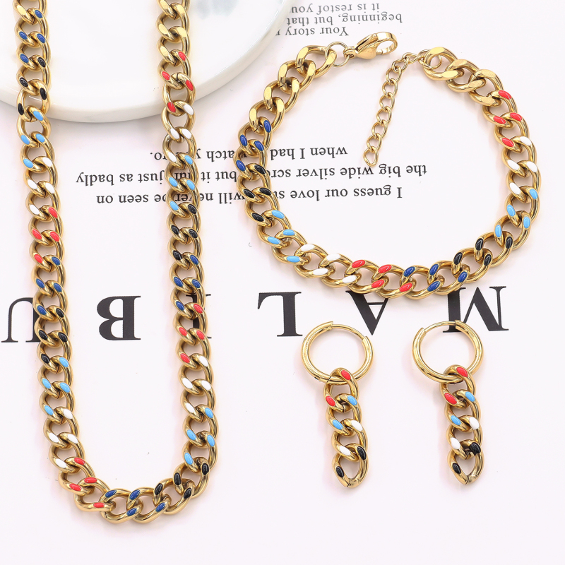 Joyas Inspiradas Dripping Oil Cuba Link Chain Luxury Jewelry Colorful Stainless Steel Bracelets Earrings Necklace Set for Women