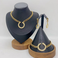 Luxury Stainless Steel  Full Stone Nail Fashion Women Gift Necklace Bangle Earring 3pcs Jewelry Set