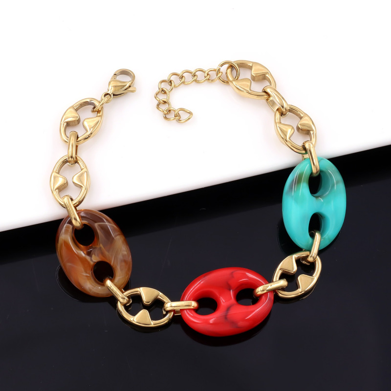 Personality Vintage Women's Jewelry Casual Resin Coffee Seeds Stainless Chain Bracelet Leopard Print Pig Nose Beads Bracelet