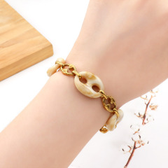 Personality Vintage Women's Jewelry Casual Resin Coffee Seeds Stainless Chain Bracelet Leopard Print Pig Nose Beads Bracelet