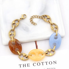 Personality Vintage Women's Jewelry Casual Resin Coffee Seeds Stainless Chain Bracelet Leopard Print Pig Nose Beads Bracelet